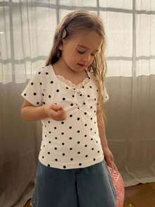 Dazy Kids 女童領口短袖紋理鏤空設計T恤 - 米色 - 查看 4