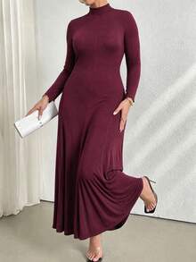 Modelyn Autumn/Winter Elegant Solid Color Casual Round Neck Pullover Slim Fit Versatile Pleated Patchwork Plus Size Women's Long Dress - Red - View 3