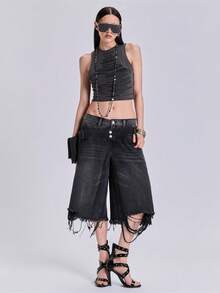 ACID BLVD Summer Spring Autumn Punk Street Y2K Distressed Letter Cutout Contrast Color Tank Top - Black - View 3