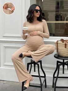 Slowluna 孕婦純色長袖哺乳上衣與長褲兩件套 秋季 - 卡其色 - 查看 2