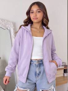 SHEIN 青少年女孩秋冬休閒連帽開襟外套 - 紫色 - 查看 1