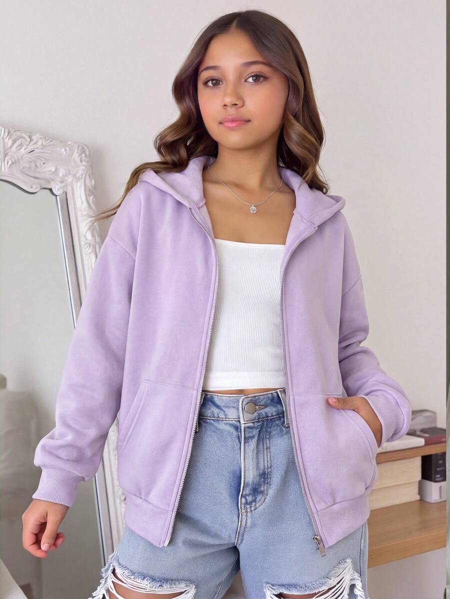 SHEIN 青少年女孩秋冬休閒連帽開襟外套 - 紫色 - 查看 1
