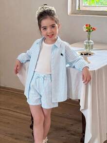 SHEIN LMoss Kids 少女編織條紋休閒襯衫 + 針織素色背心 + 短褲 3件套 - 藍色 - 查看 5