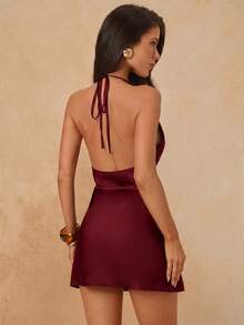 SHEIN BAE Summer Solid Burgundy Lace Halter Deep V-Neck Satin Fitted Mini Dress For Romantic Sexy Date Night Night Out Valentine's Day Dates Parties Evening - Burgundy - View 2
