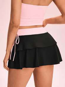 SHEIN Sovereign Charm 女款拼色綁帶荷葉邊下擺口袋運動裙褲 - 彩色 - 查看 7