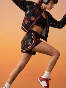CAJUNI Women's Sports Shorts, Decorated With Tropical Style Heart And Eye Pattern - Multicolor - View 5