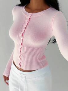 Autumina Women's Solid Color Casual Fitted Knit Cardigan, Versatile For Autumn - Baby Pink - View 6
