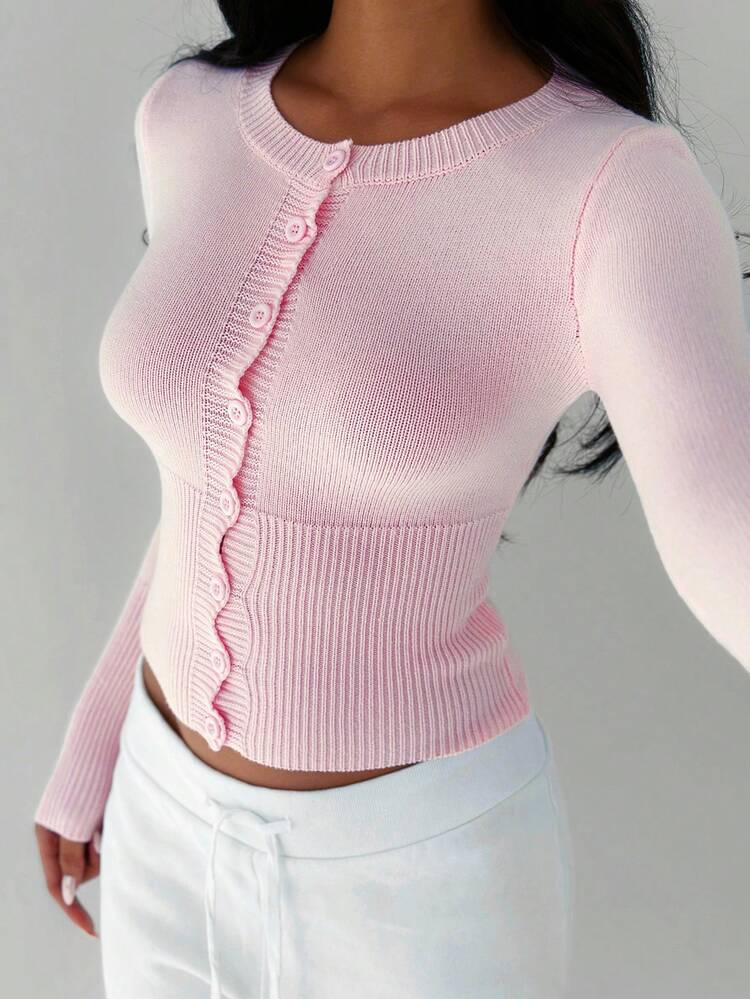 Autumina Women's Solid Color Casual Fitted Knit Cardigan, Versatile For Autumn - Baby Pink - View 6