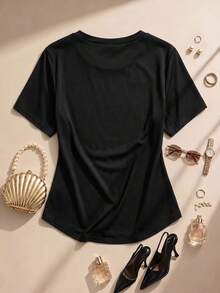 Formidée Camiseta de talla grande con incrustaciones de strass, patchwork de malla, cuello redondo, cintura ceñida, ajuste slim, top de primavera - Negro - Ver 2