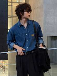 DAZY Spring/Autumn Blue Washed Distressed Chest Patch Pocket Design Men's Denim Jacket - Navy Blue - View 7