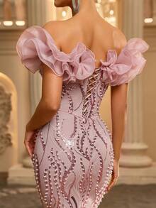 Glamrae Elegant Luxurious Glamorous Pink Exaggerated Organza 3D Ruffle Off-Shoulder Floor-Length Fitted Mermaid Wedding Event Heavy Embellished Evening Gown - Dusty Pink - View 4
