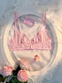 Crystal Vow 1pc Sweet Pink Eyelash Lace Deep V-Neck Bra With Bow Front And Spaghetti Strap Women's Lingerie - Baby Pink - View 2
