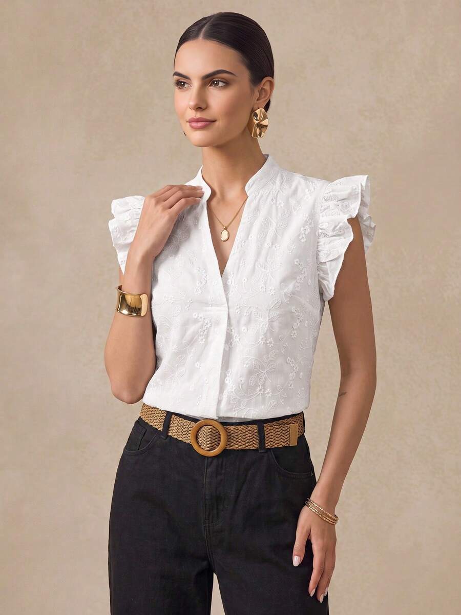 Almamuse Women's Casual Versatile Elegant Solid Color Notched Neck Summer Ruffle Hem Shirt - White - View 1