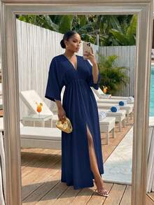 SHEIN Lady CURVE 女款純色超長休閒熱帶風優雅度假洋裝，適合晚餐、度假、早午餐、約會之夜，海軍藍，秋季 - 藏蓝色 - 查看 6