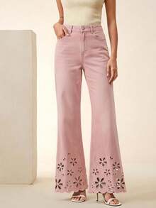 Anewsta Fashion Embroidered Hollow-Out Flared Jeans - Pink - View 2