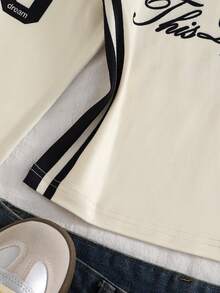 SHEIN 1pc Girls' American Vintage Street Style Casual Spring/Autumn Short Cropped Top, Contrast Color Raglan Sleeve Knight Letter Print Striped Slim Fit Long Sleeve Base Layer T-Shirt - Beige - View 5
