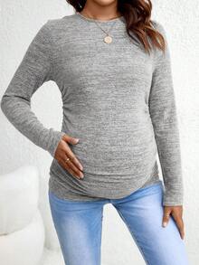 SHEIN 孕婦圓領長袖側抓褶休閒T恤 秋季 - 淺灰色 - 查看 3