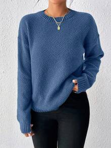 SHEIN 女款素色圓領落肩長袖休閒套頭針織衫 - Dark Blue - 查看 5
