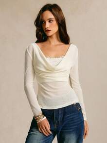 CielaLinda Women's Knit Cowl Neck Top, 2 In 1 Lace Patchwork T-Shirt - Light Yellow - View 3