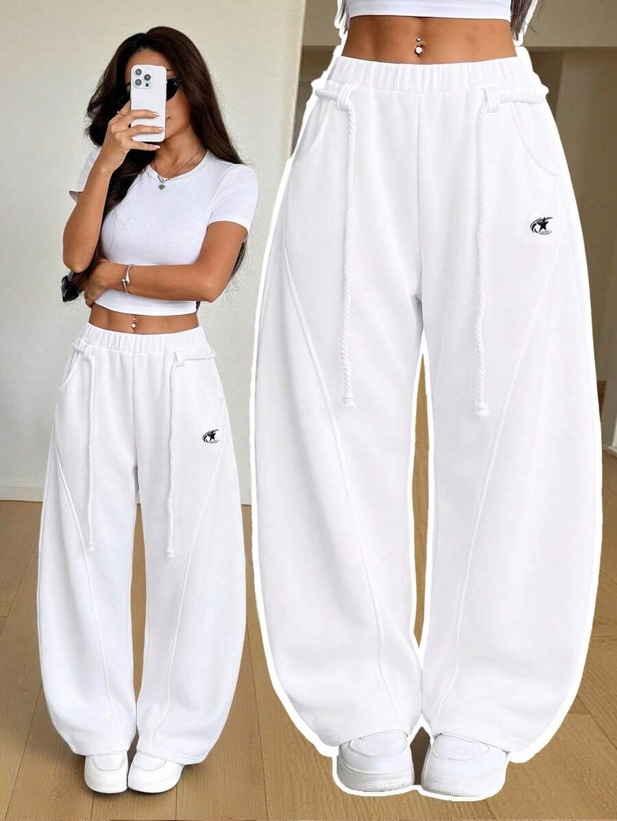 SHEIN PETITE 女款秋冬街頭風返校學院風休閒保暖舒適法式灰色彈性腰小碼女裝 - 白色 - 查看 1