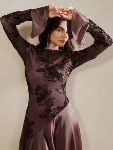 Anewsta Women Floral Textured Splice Round Neck Bell Sleeve Elegant Dress Dinner Date Brown Autumn - Coffee - View 7