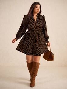 Elaquor Plus Size Colorblock Print Minimalist Casual Long Sleeve Dress - Black - View 5