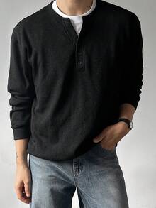 DAZY Spring/Autumn Long Sleeve Black & Grey Floral Knit Fabric Half-Zip Small V-Neck Loose Fit Men's Sweatshirt With Cuffed Hem And Cuffs - Black - View 2