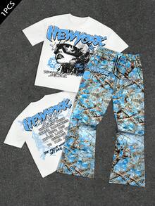 Manfinity EMRG 男士 2000 年代復古白色短袖 T 恤 + 藍色迷彩喇叭褲 2 件套，美式街頭 NEWYORK 字母骷髏印花套裝，休閒音樂節派對度假旅行哥德 Y2K 寬鬆圓領上衣彈性腰迷彩寬腿喇叭褲組合 - 彩色 - 查看 2