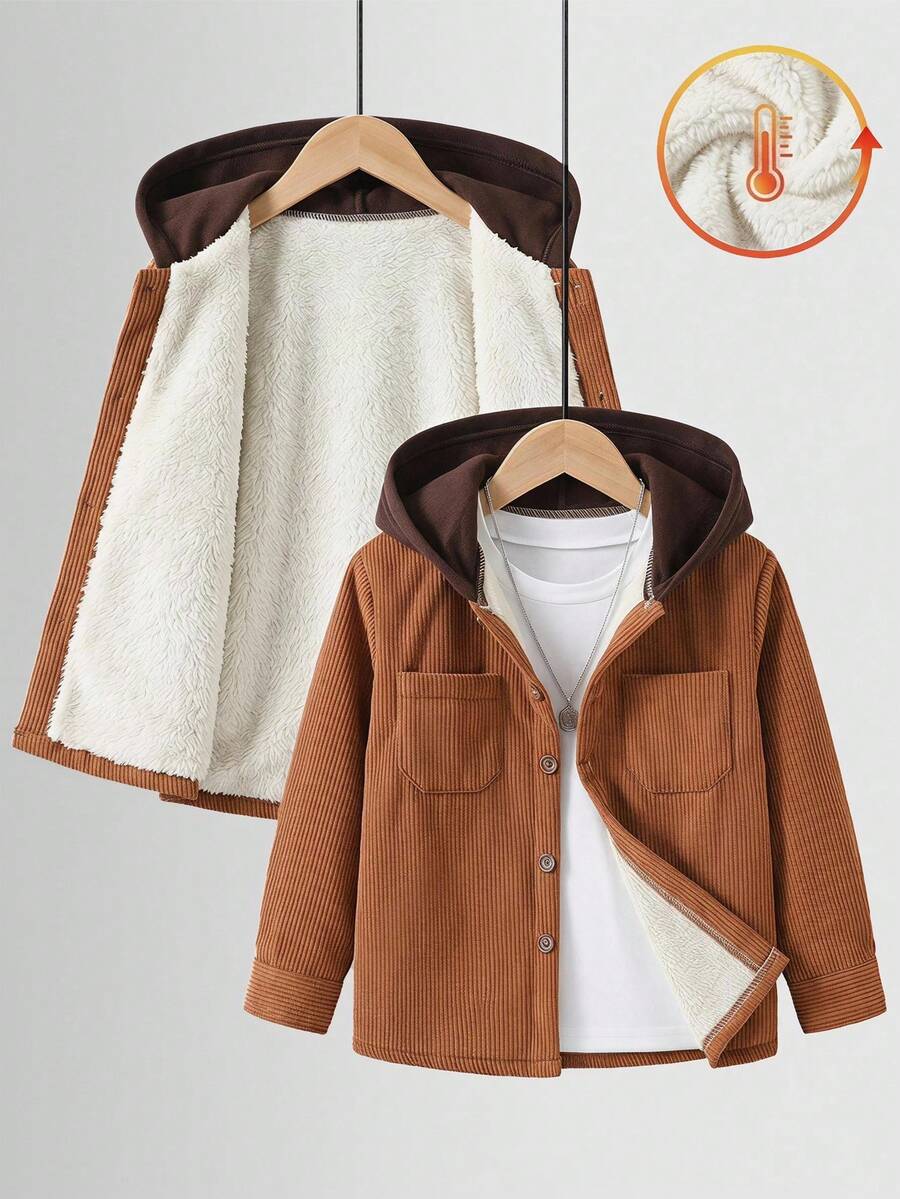SHEIN Genkimix Kids Boys' Plaid Pattern Hooded Shacket, Spring/Autumn - Brown - View 1