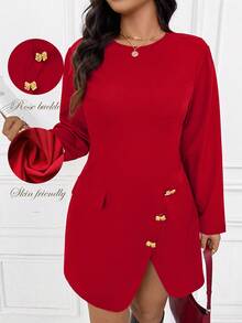 SHEIN Frenchy Elegant Minimalist Red Metal Buckle Waist A-Line Plus Size Dress, Suitable For Office, Commute, Party, Gathering, New Year, Christmas Fall - Red - View 1