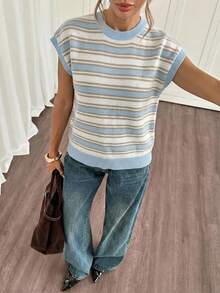 Siren Gaze Back To School Striped Top Fashion Versatile Striped Colorblock Round Neck Knit Top - Multicolor - View 3