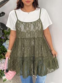 GalTyme 大尺碼女款甜美蕾絲透視細肩帶洋裝，夏季秋季度假婚禮賓客晚宴適用，橄欖綠優雅傳統 Eleganza 風格 - 橄欖綠 - 查看 6