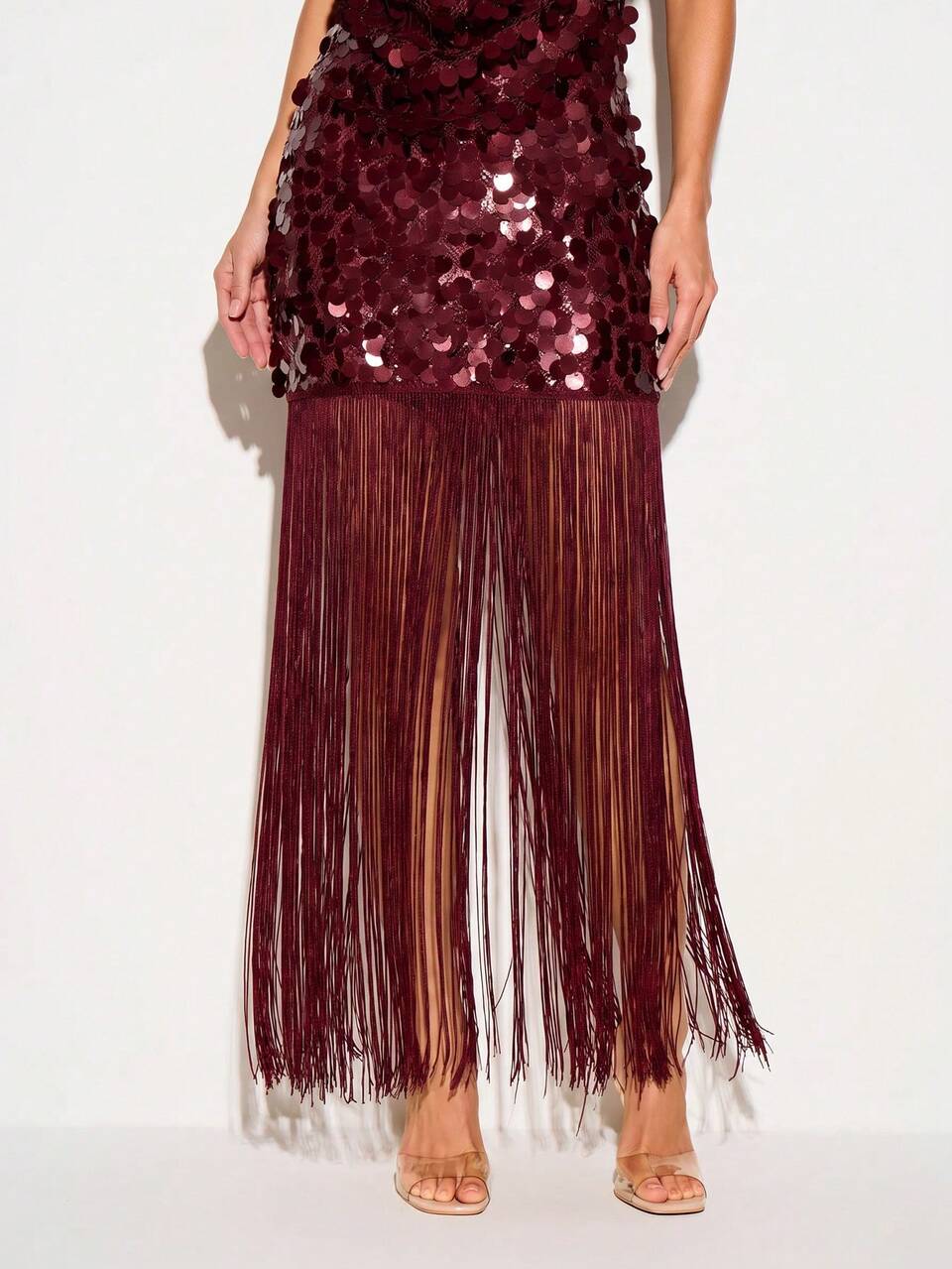 KIZN Paillette Sequin Halter Maxi Dress With Fringe Hem