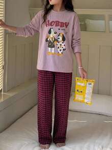 DAZY Tween Girl Loose Long Sleeve Graphic T-Shirt Top + Plaid Casual Straight Leg Pants 2 Pieces Loungewear Set Fall - Pink - View 6