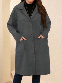 EMERY ROSE Plus Size Country Outfits Women Corduroy Double Pocket Button Placket Midi Coatan,Fall Women Clothes - Grey - View 6