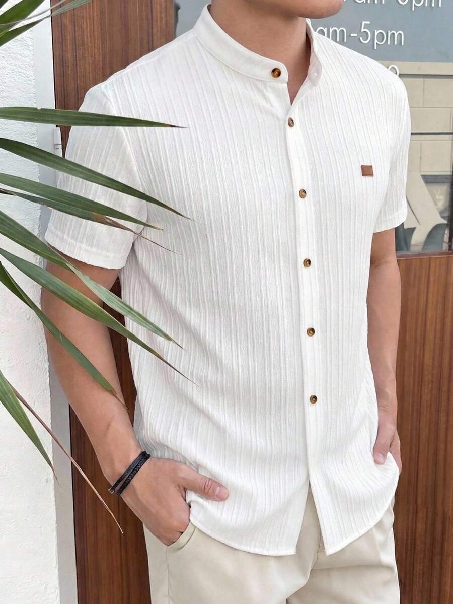 HIMLAND Men's Denim Design Short Sleeve Single-Breasted Round Neck Shirt - Multicolor - View 1