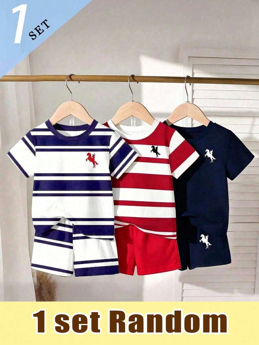 Souflis Souflis (Random 3 Sets,Send 1 Set)Baby Boy Cute Minimalist Pony Blue & White Striped Teddy Bear Print Basic Short T-Shirt & Shorts Set, Classic Striped Daily Outfit - Multicolor - View 1
