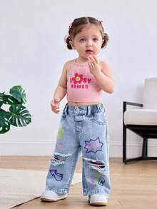 SHEIN Baby Girl Heart & Floral Print Button Distressed Denim Jeans - Light Wash - View 6