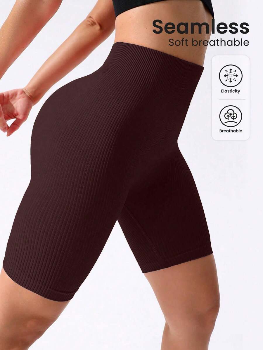 SHEIN Sports 女款純色高腰日常健身運動短褲 - 酒紅色 - 查看 1