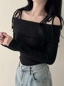 DAZY Kaos Kasual Wanita Lengan Panjang Bergaris dengan Desain Bahu Terbuka, Atasan yang Lucu - Hitam - View 1