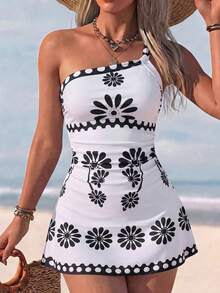 Swim Lushoire Pure Black One Shoulder Twist Front Ruched Waist Minimalist Elegant A-Line Skirt Wireless Removable Padded Women's Vacation Swimsuit Two Pieces - Black and White - View 2