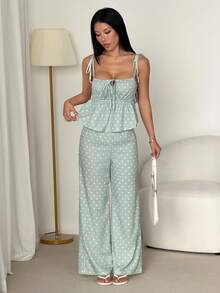 SHEIN PETITE 女款休閒黑色波點印花細肩帶背心與長褲兩件套，可愛波點兩件套 - 薄荷綠 - 查看 5