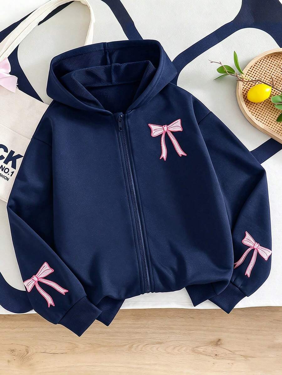 少女可愛蝴蝶刺繡拉鍊連帽長袖外套,返校秋季款 - 藏蓝色 - 查看 1