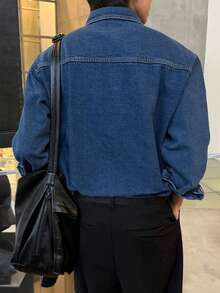 DAZY Spring/Autumn Blue Washed Distressed Chest Patch Pocket Design Men's Denim Jacket - Navy Blue - View 2