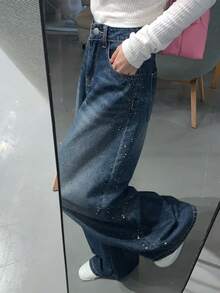 DAZY Atasan Wanita Lucu dengan Hiasan Rhinestone dan Model Jeans Longgar Kasual yang Dicuci - Biru - View 6