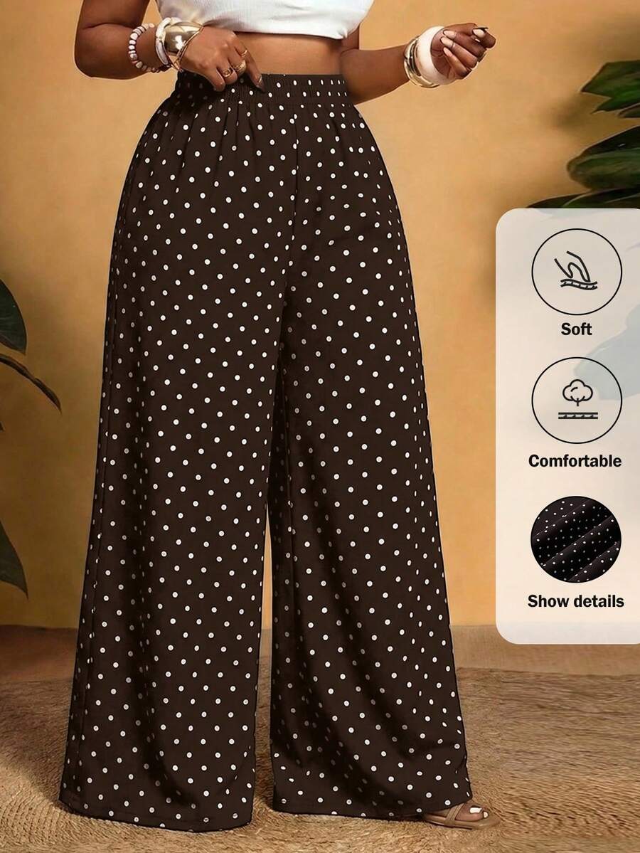 Slaydiva Casual Boho Minimalist Brown Polka Dot Plus Size Pants Suitable For Autumn Vacation Fall Vacation - Multicolor - View 1