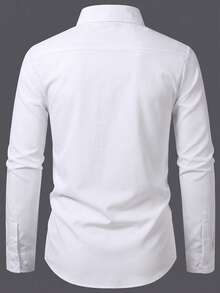 Manfinity Mode 男士 Old Money學院風輕商務白色襯衫，小刺繡 Logo 寬鬆長袖襯衫，適合職場、校園、日常休閒 - 白色 - 查看 2