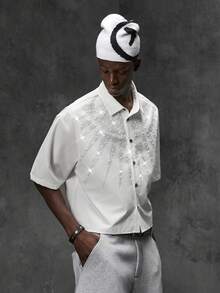 NEON BLANC Men's Summer Fashion Beaded & Rhinestone Shirt - White - View 4