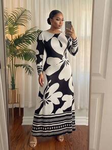 SHEIN Lady CURVE 大尺碼優雅休閒通勤花卉印花洋裝 正式婚禮賓客禮服 正式早午餐 黑白配色 夏季 秋季 - 彩色 - 查看 3