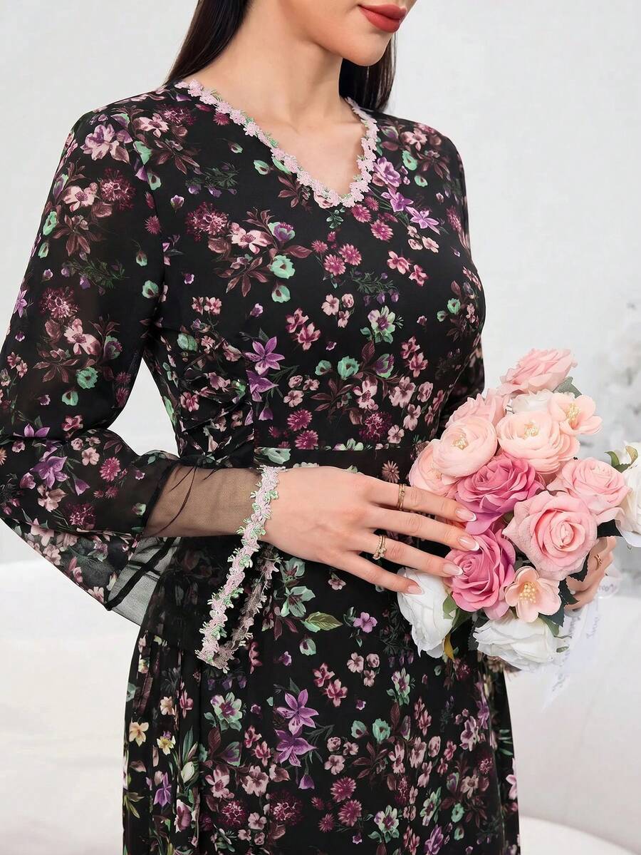 Al Najma 女款婚禮時尚刺繡花卉印花阿拉伯傳統長裙 夏季愛爾蘭風端莊常規款 - 彩色 - 查看 1